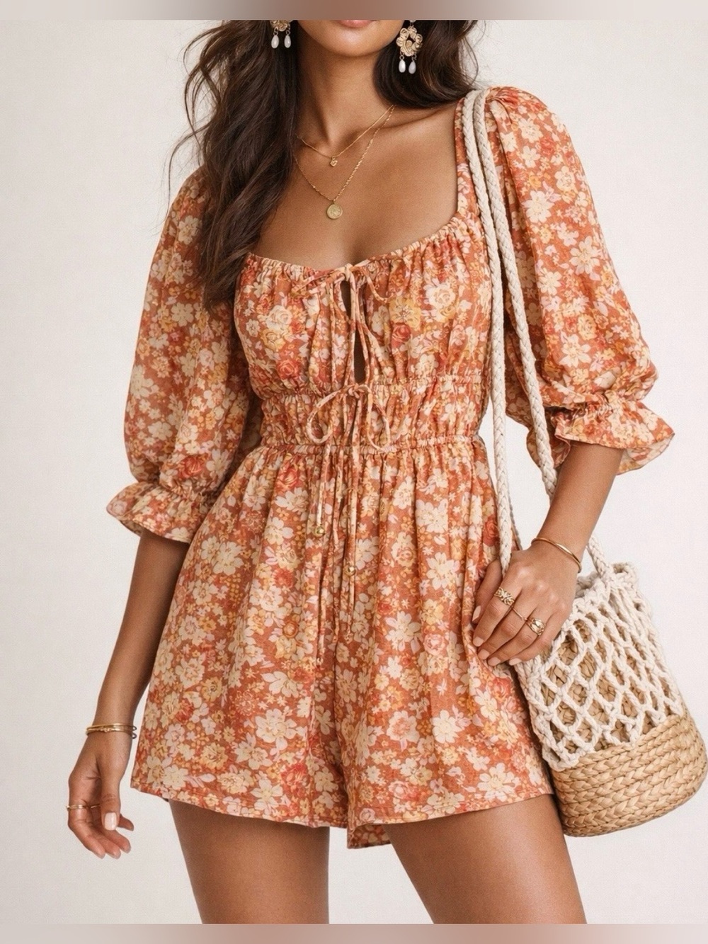 Free People Orange and Yellow Floral Linen Blend Romper - Size M